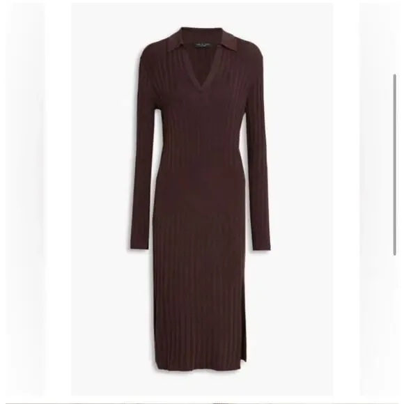 Rag & Bone Dawson Polo Dress Ribbed Knit Stretch Brown Size XXS /XS NWT